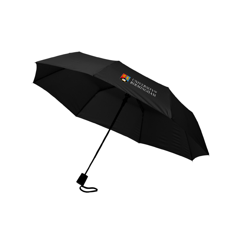 Black umbrella with 'University of Birmingham' logo on a white background