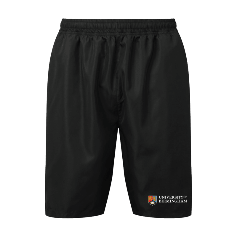 Black shorts with University of Birmingham logo on a transparent background