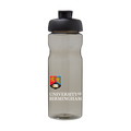 Clear water bottle with black lid featuring the University of Birmingham logo on a white background