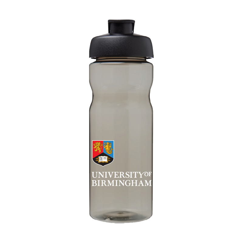 Clear water bottle with black lid featuring the University of Birmingham logo on a white background
