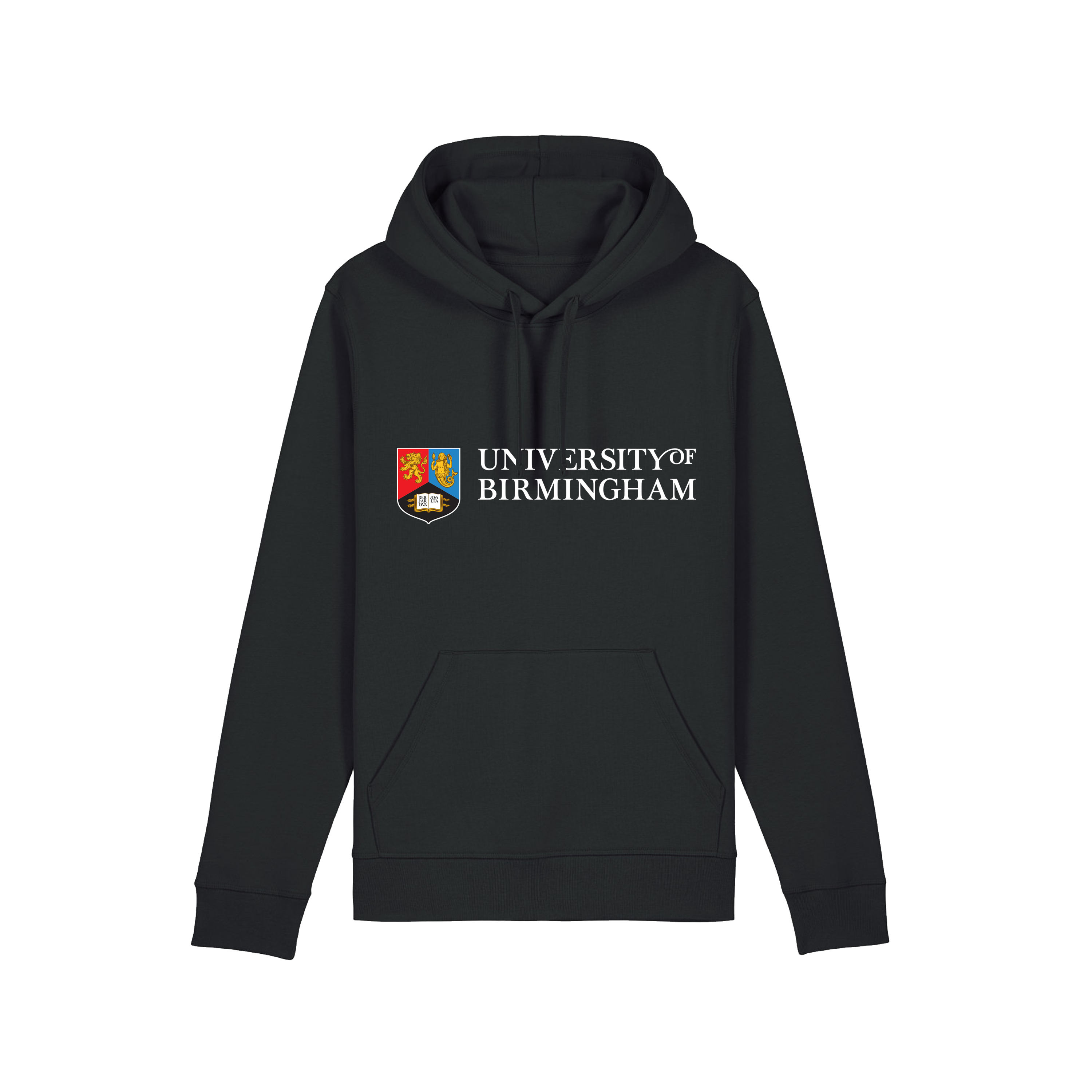Black hoodie with 'University of Birmingham' logo on a transparent background