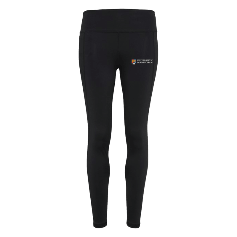 Black leggings with University of Birmingham logo on the left thigh against a transparent background