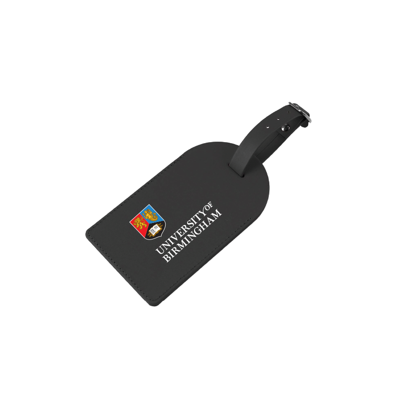 Black luggage tag with 'University of Birmingham' logo on a white background