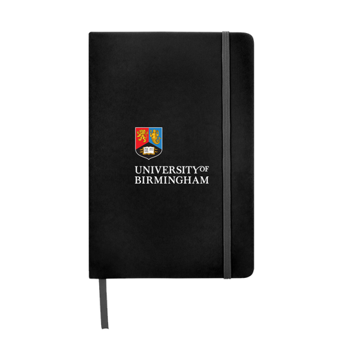 Black notebook with University of Birmingham logo on a white background