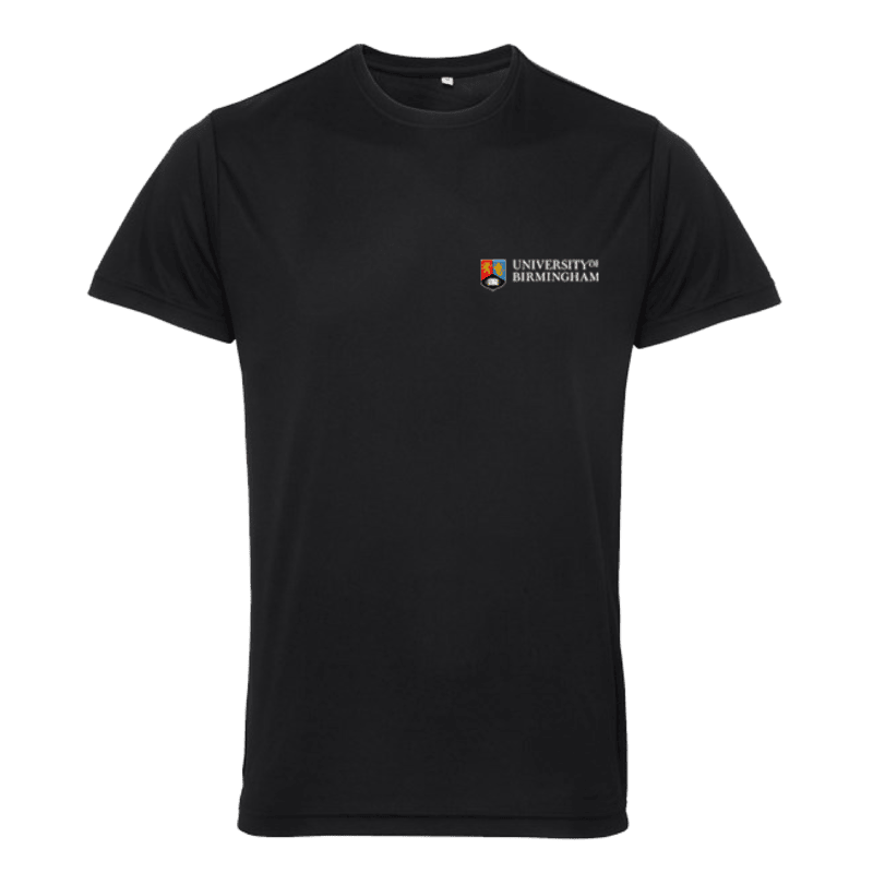 Black t-shirt with 'University of Birmingham' logo on a transparent background