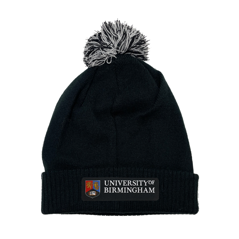 Black beanie with pom-pom and 'University of Birmingham' logo on a white background