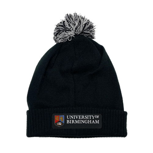 Black beanie with pom-pom and 'University of Birmingham' logo on a white background