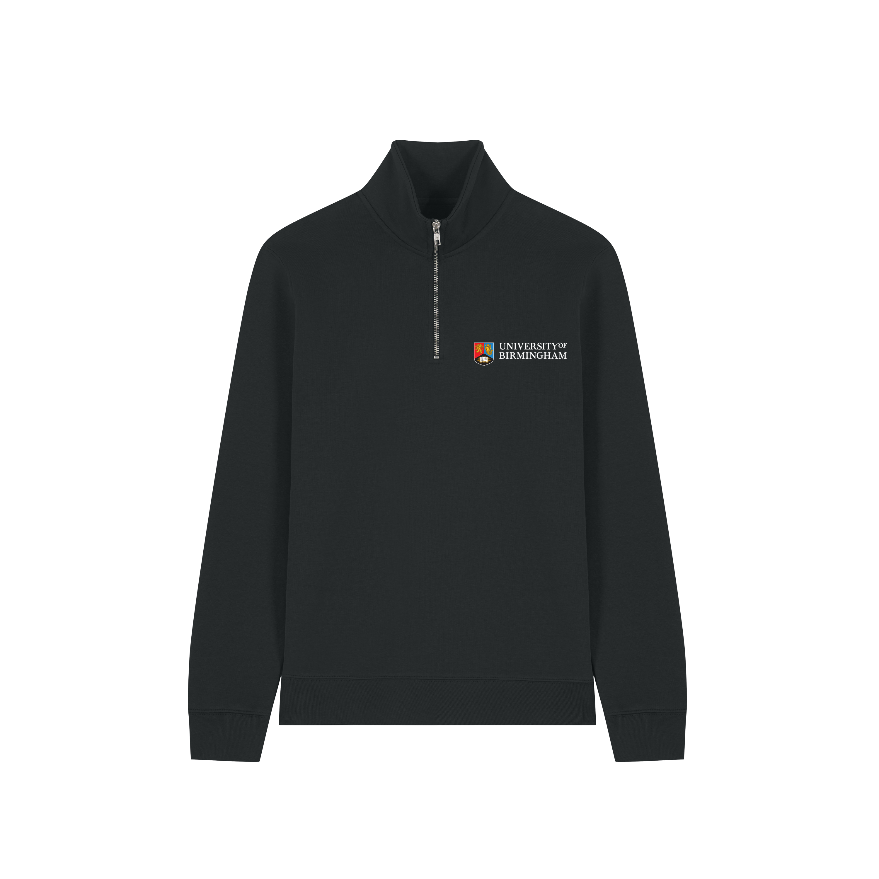 Black half-zip sweatshirt with University of Birmingham logo on a transparent background