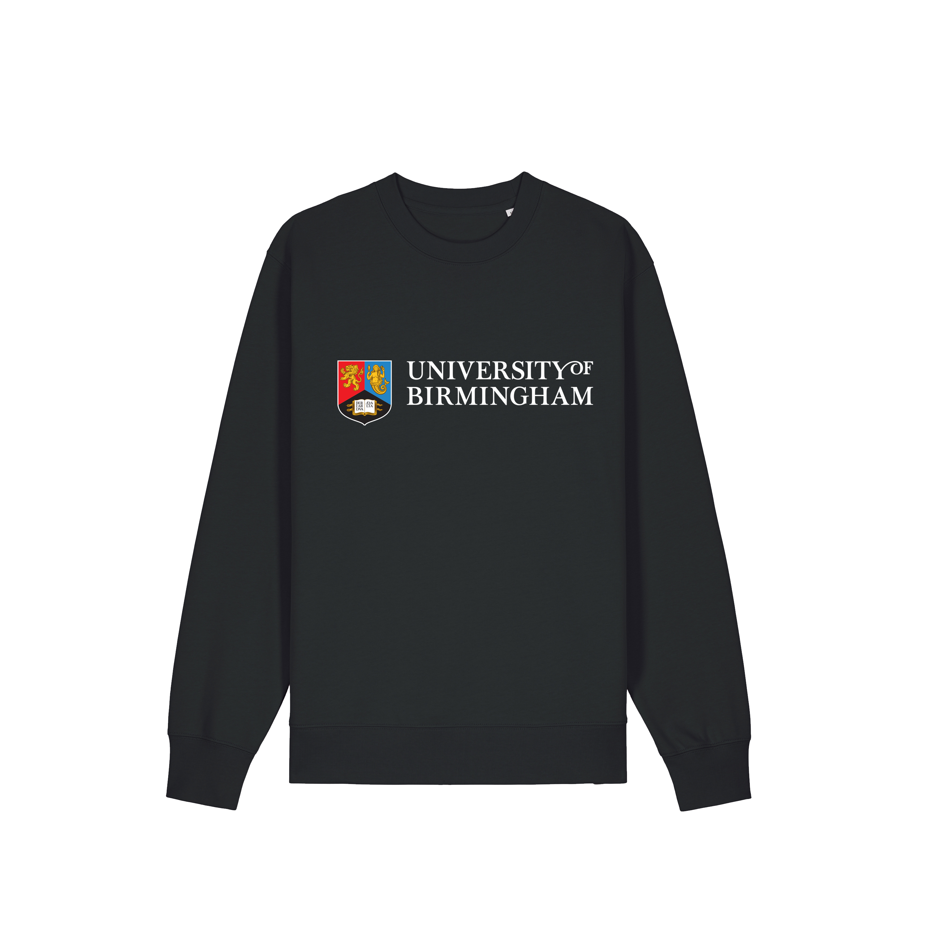 Black sweatshirt with 'University of Birmingham' logo on a transparent background