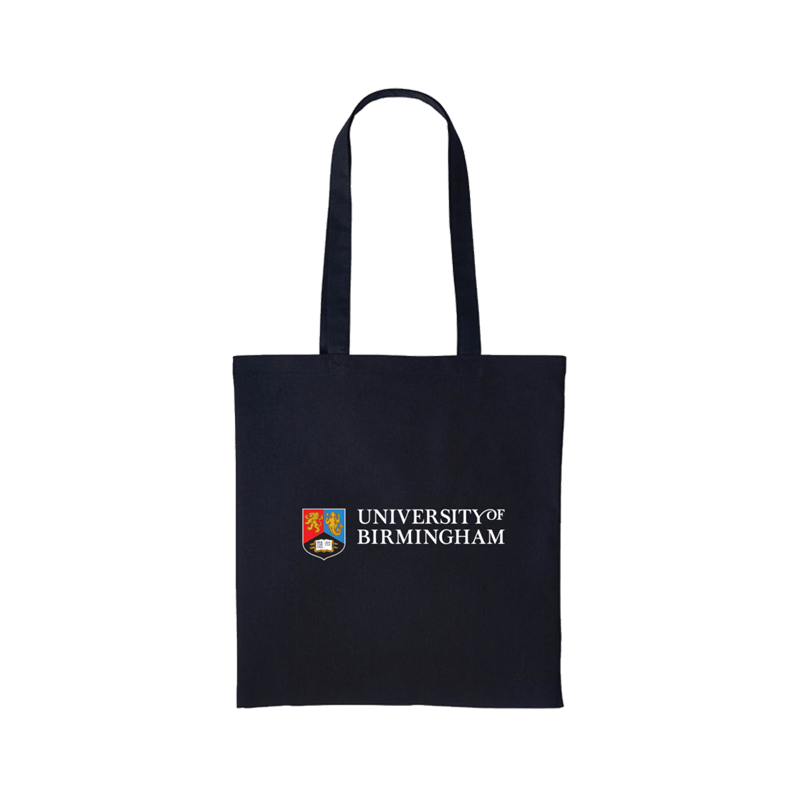 Black tote bag with University of Birmingham logo on a white background