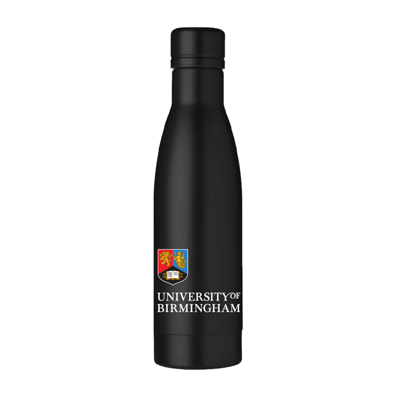 Black water bottle with University of Birmingham logo on a white background