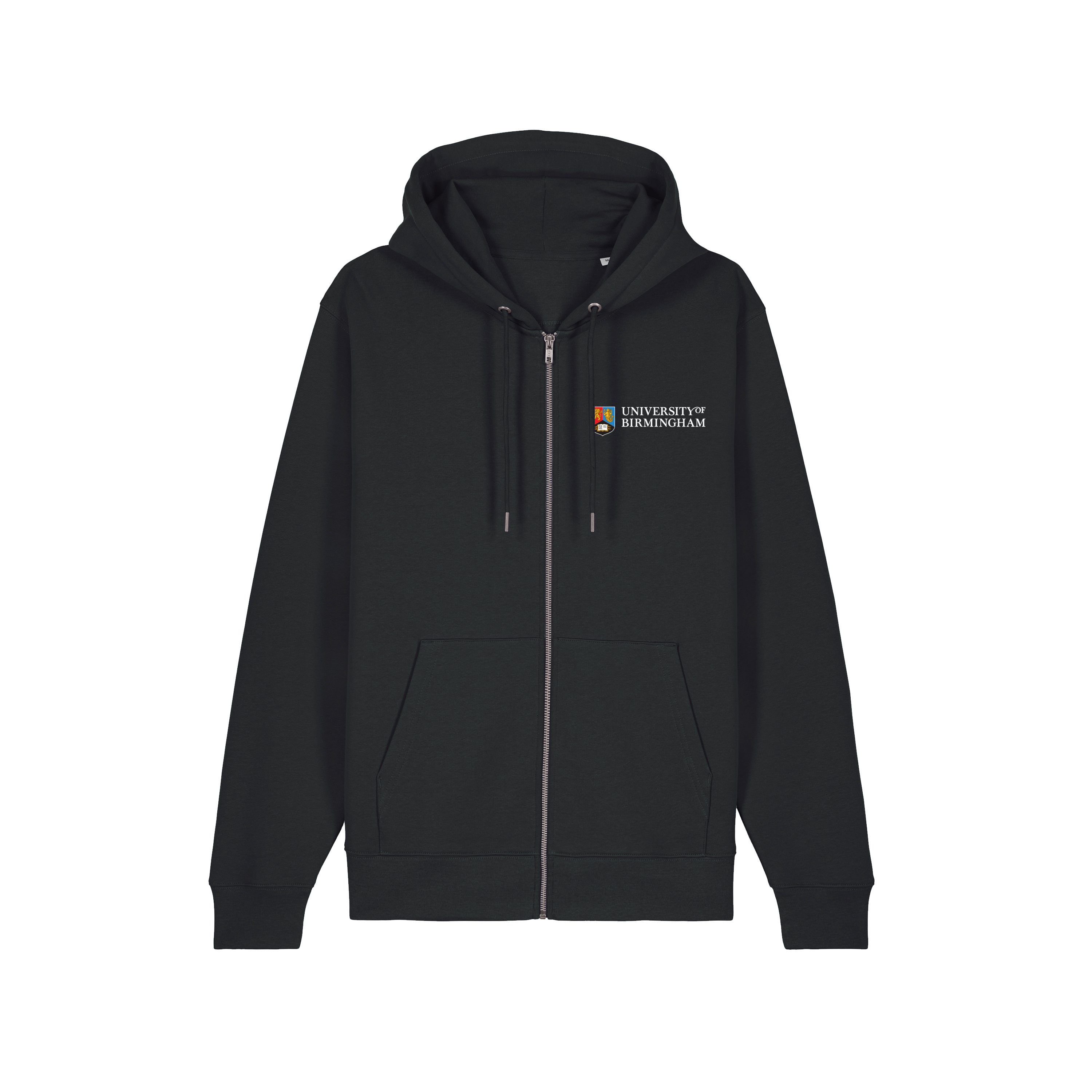 Black hoodie with University of Birmingham logo on the chest against a transparent background