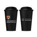 Two black travel mugs with University of Birmingham logo and text on a white background