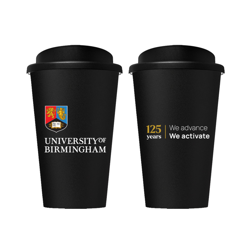 Two black travel mugs with University of Birmingham logo and text on a white background