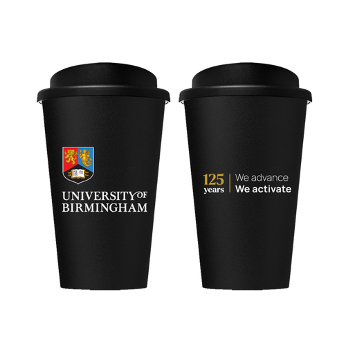 Two black travel mugs with University of Birmingham logo and text on a white background