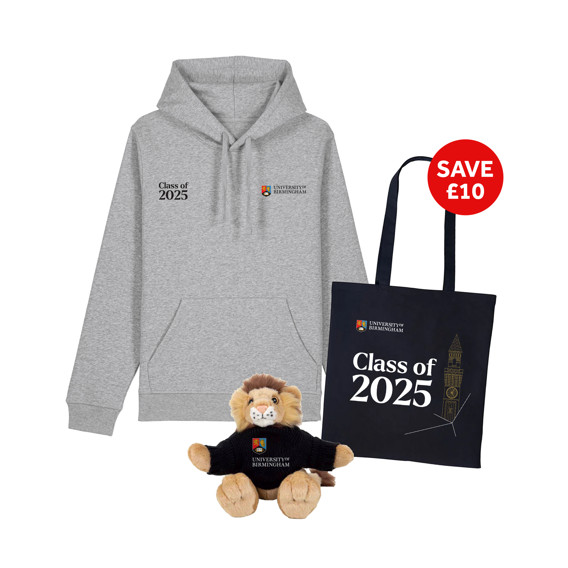 Gray hoodie, plush lion toy, and black tote bag with 'Class of 2025' text on a white background.