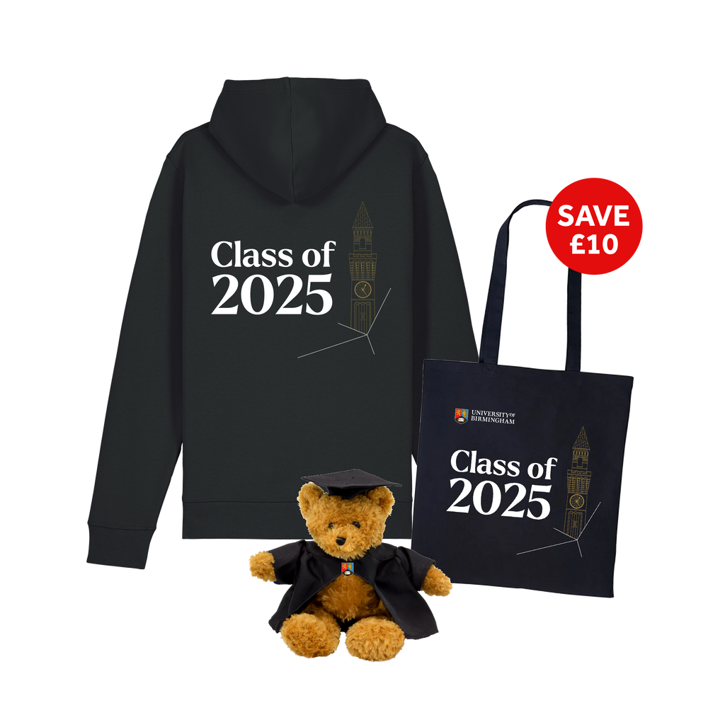 Graduation-themed merchandise set with black hoodie, teddy bear, and tote bag featuring 'Class of 2025' text.