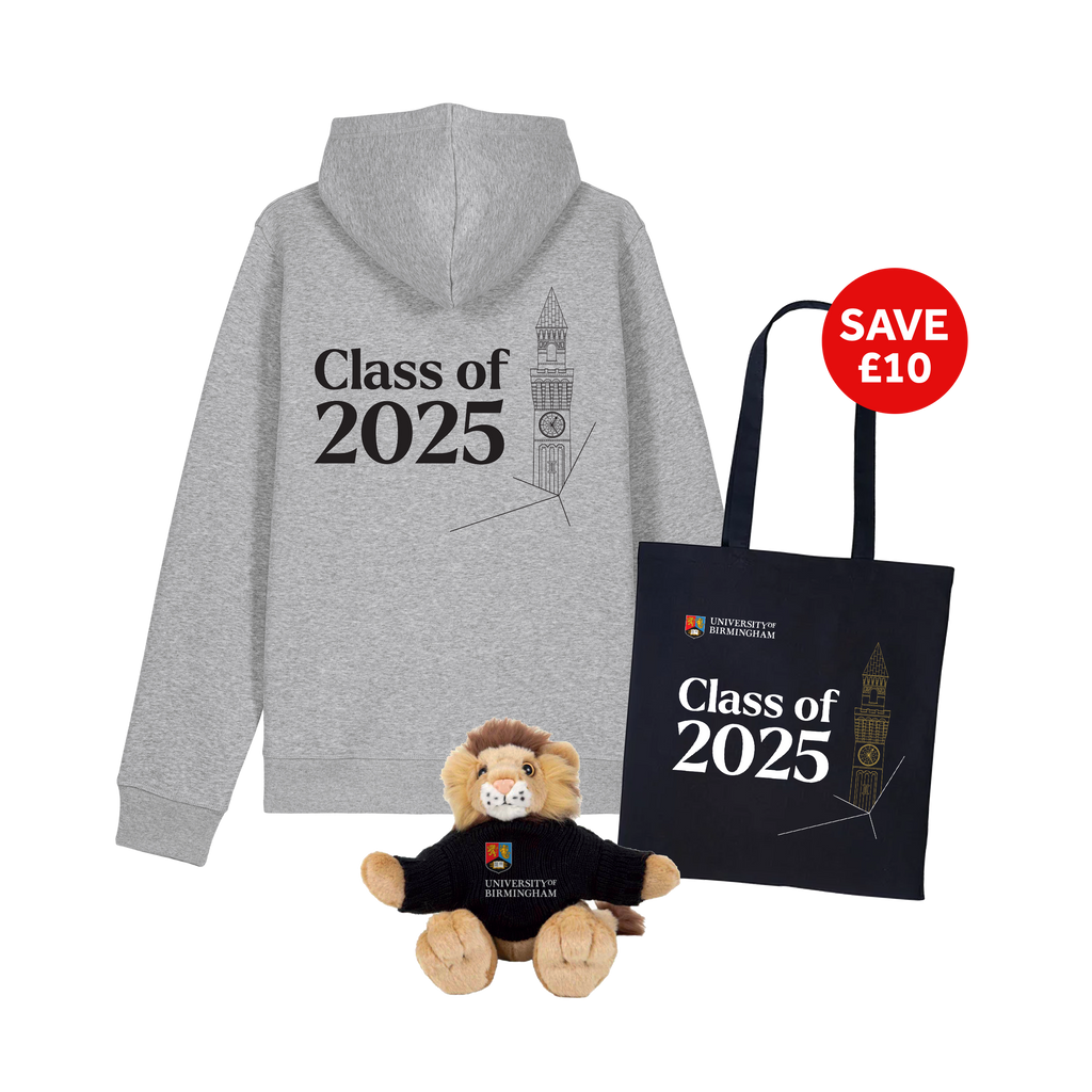 Gray hoodie, plush lion toy, and tote bag with 'Class of 2025' text on a white background.