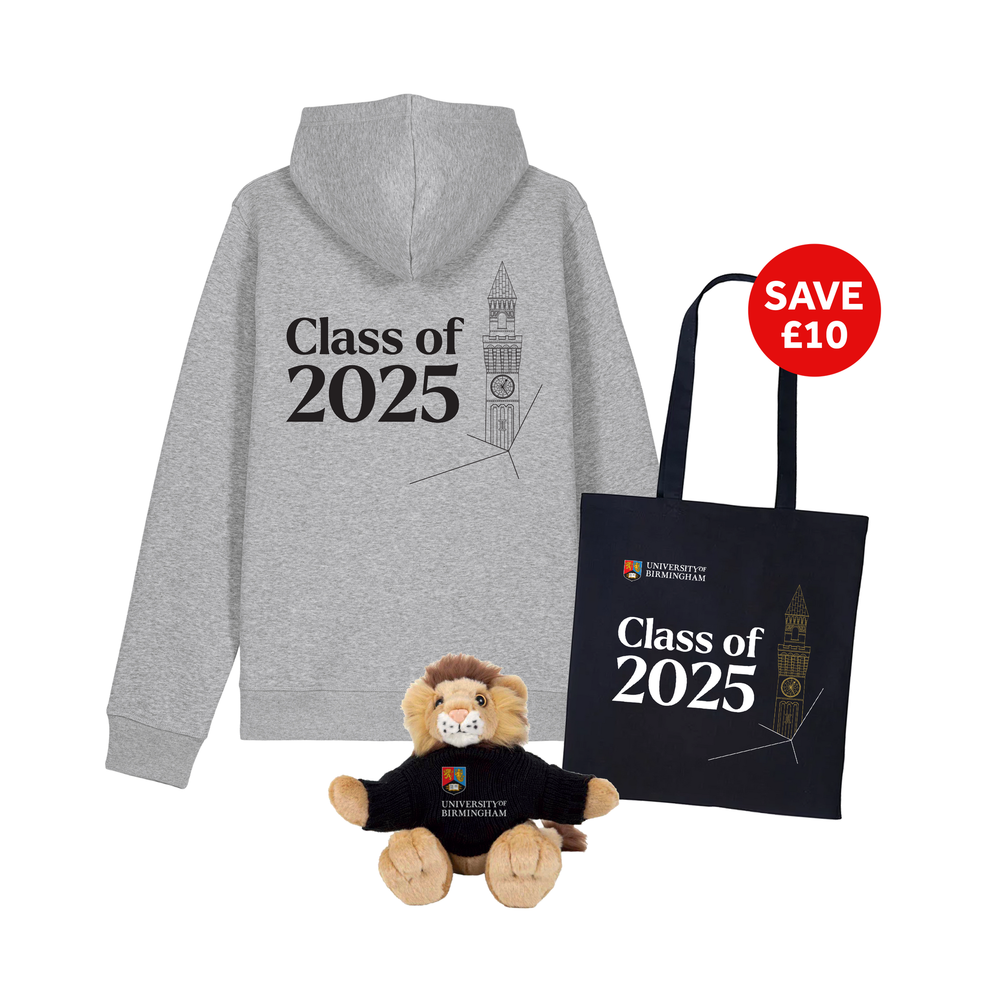 Gray hoodie, plush lion toy, and tote bag with 'Class of 2025' text on a white background.