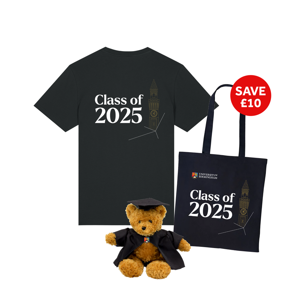 Graduation-themed t-shirt, teddy bear, and tote bag with 'Class of 2025' text on a white background.