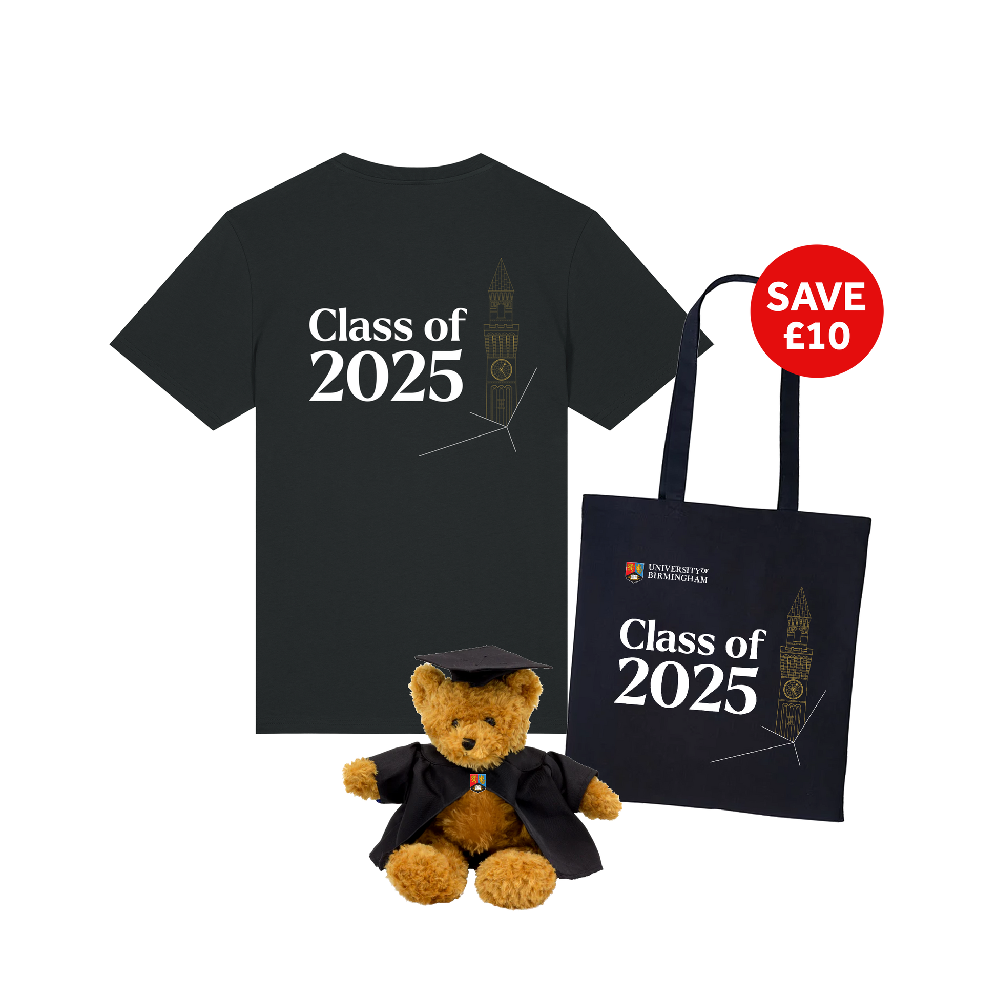 Graduation-themed t-shirt, teddy bear, and tote bag with 'Class of 2025' text on a white background.
