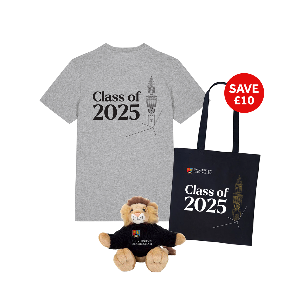Gray t-shirt, black plush lion, and black tote bag with 'Class of 2025' text on a white background.