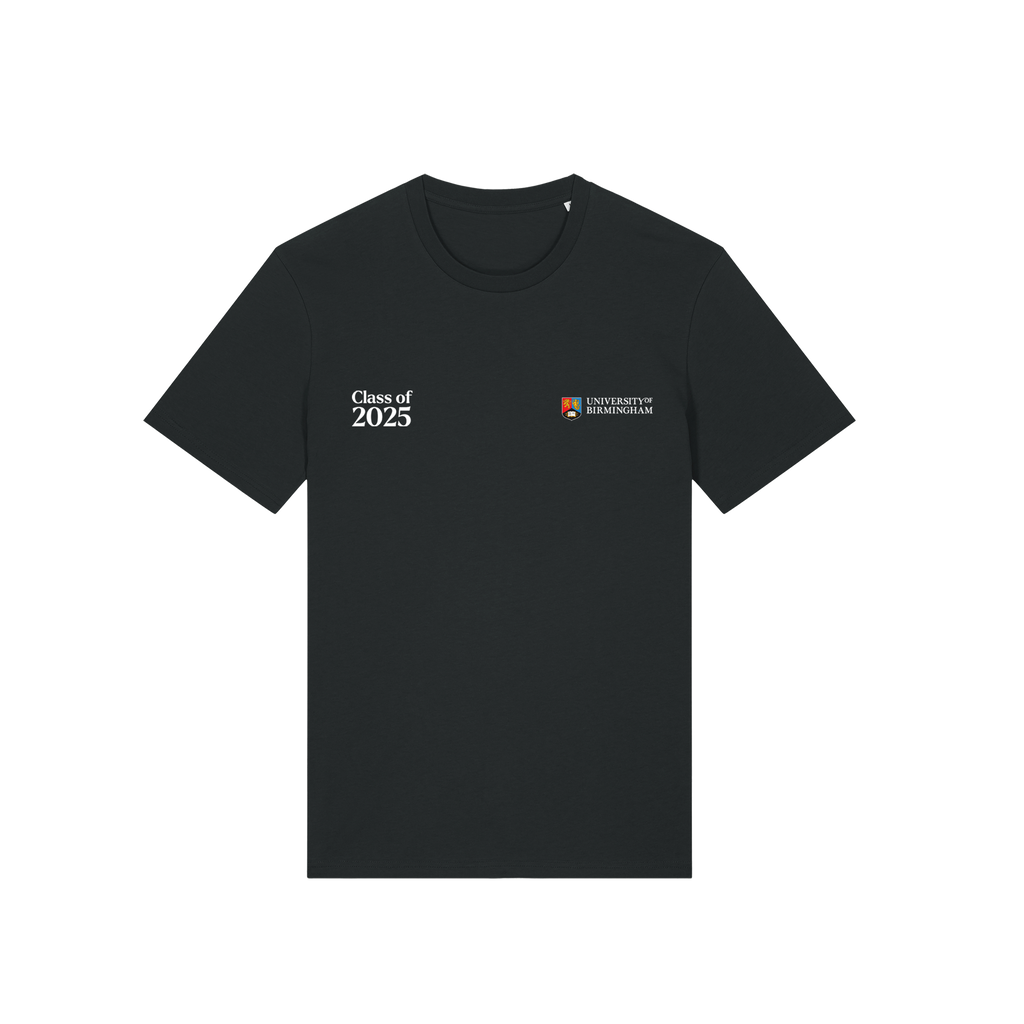 Black University of Birmingham t-shirt with 'Class of 2025' and University of Birmingham logo on a white background