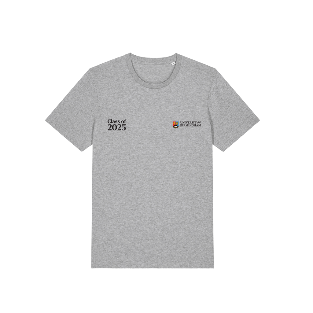 Gray University of Birmingham t-shirt with 'Class of 2025' text and logo on a white background