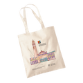 Beige tote bag with University of Birmingham logo and building illustration on a white background
