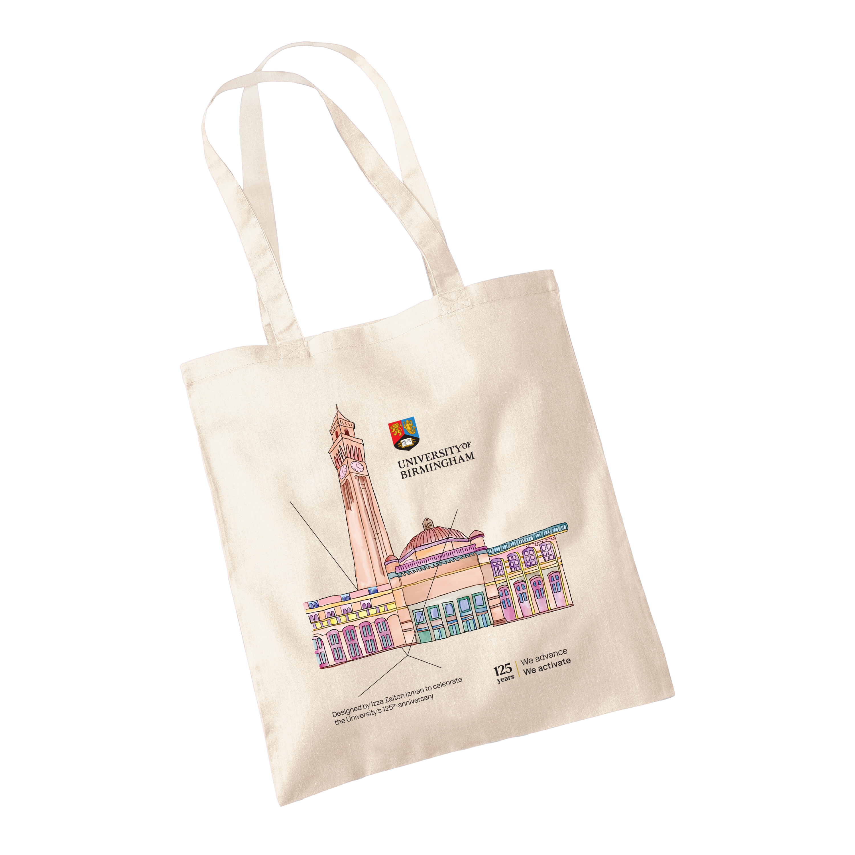 Beige tote bag with University of Birmingham logo and building illustration on a white background