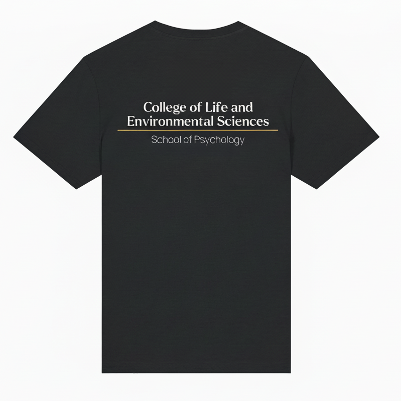 Black t-shirt with text on the back on a white background