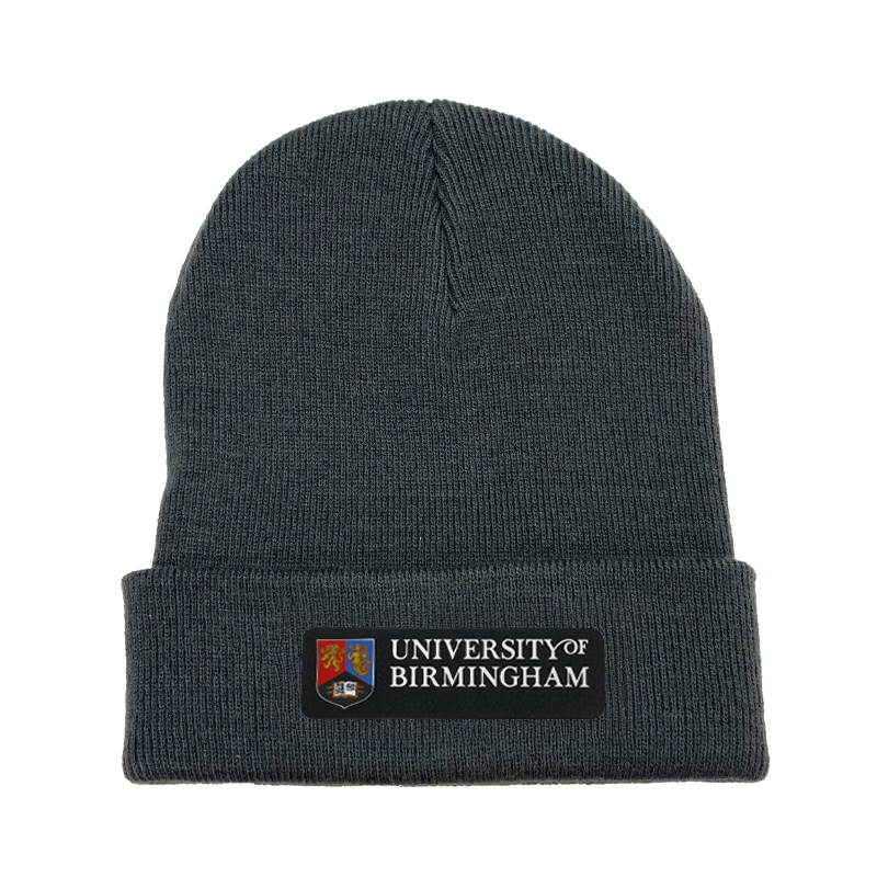 Dark gray beanie with University of Birmingham logo on a white background