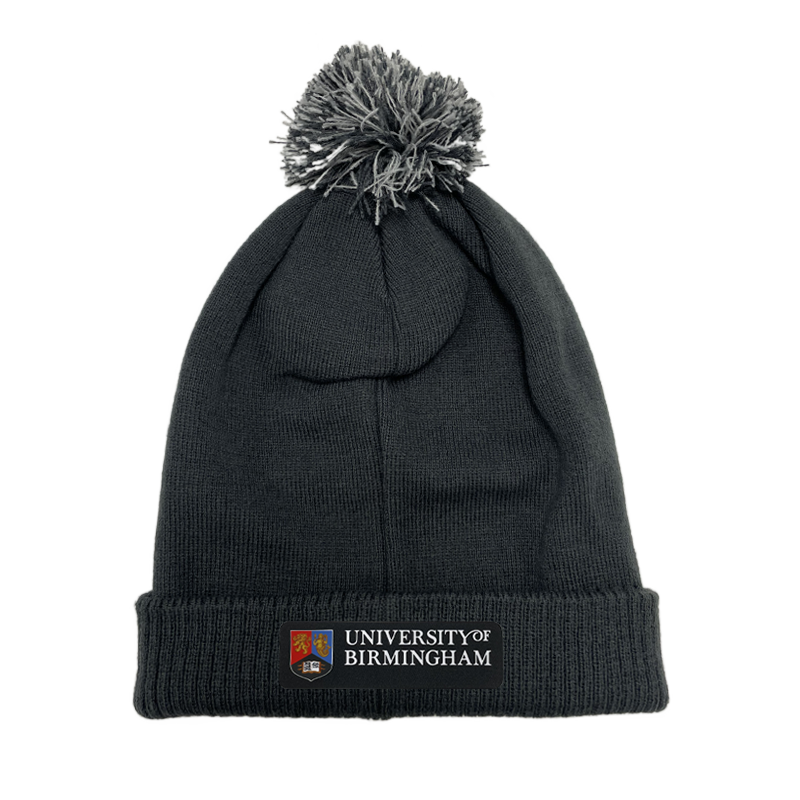 Black beanie with pom-pom and 'University of Birmingham' logo on a white background