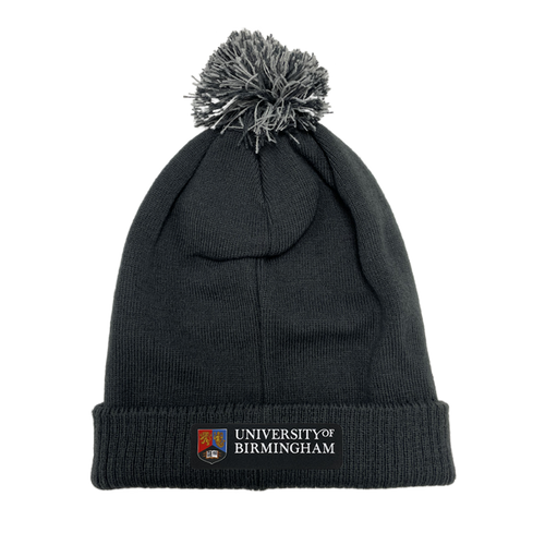 Black beanie with pom-pom and 'University of Birmingham' logo on a white background