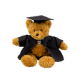 Graduation-themed teddy bear with a black cap and gown on a white background