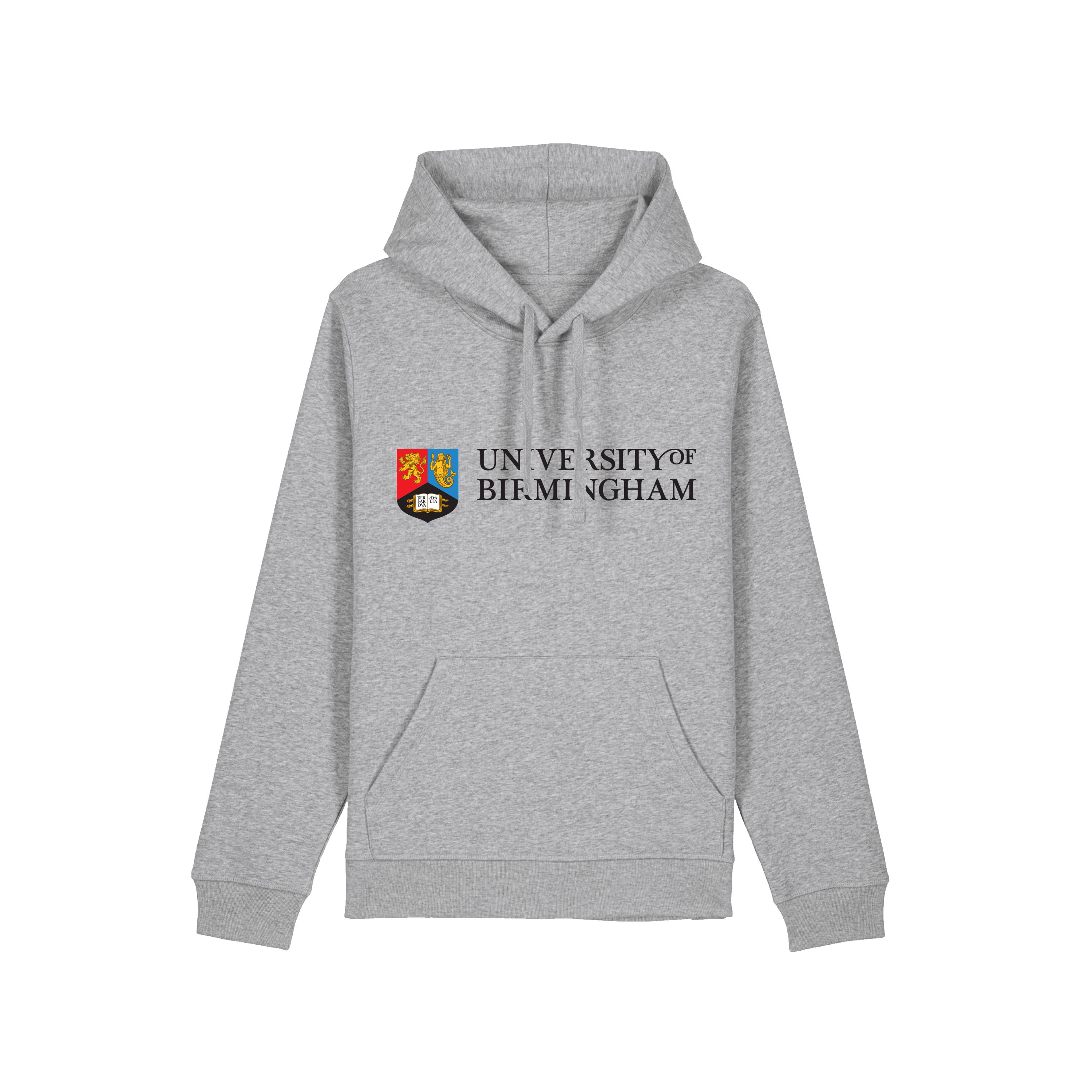 Gray hoodie with University of Birmingham logo on a transparent background