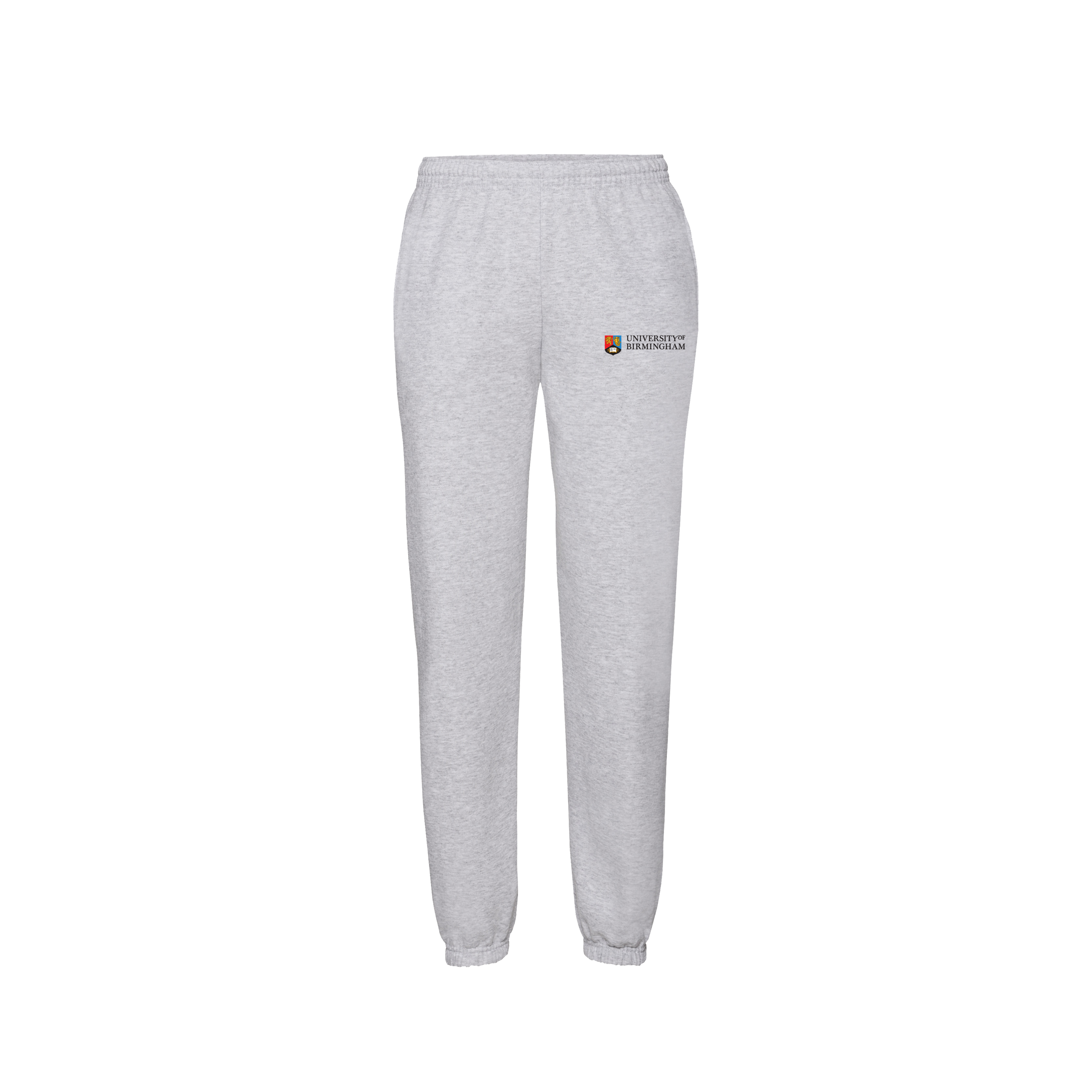 Gray sweatpants with University of Birmimgham logo on the left leg against a white background