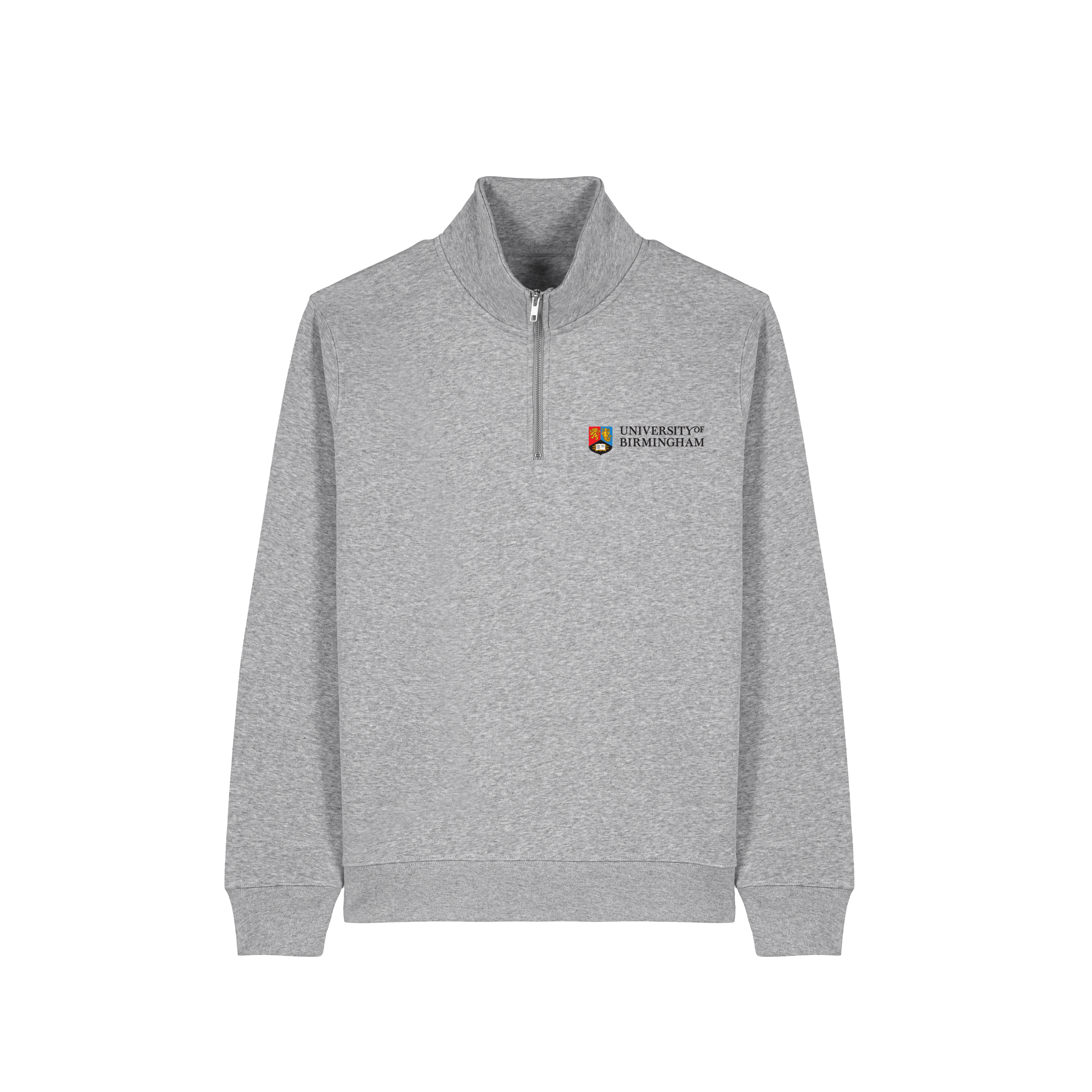 Gray sweatshirt with University of Birmingham logo on the chest against a transparent background