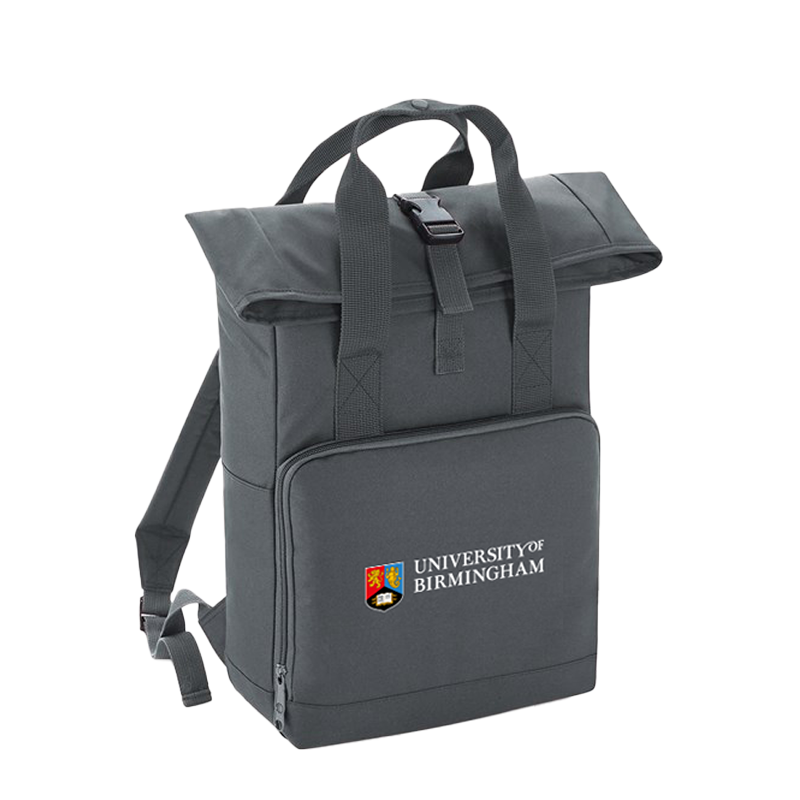 Gray backpack with 'University of Birmingham' logo on a white background