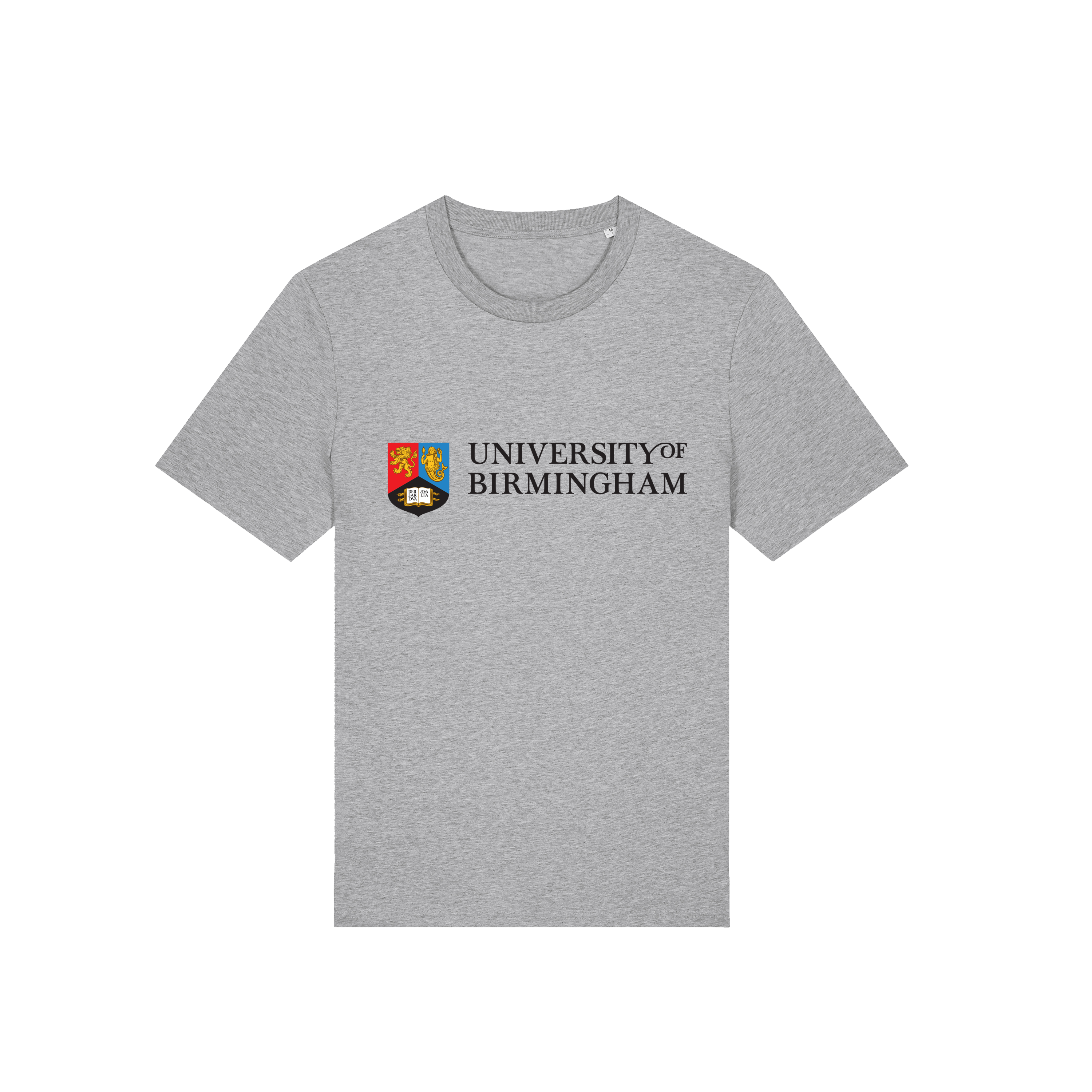 Gray t-shirt with University of Birmingham logo on a transparent background