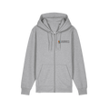 Gray hoodie with a logo on the chest against a white background