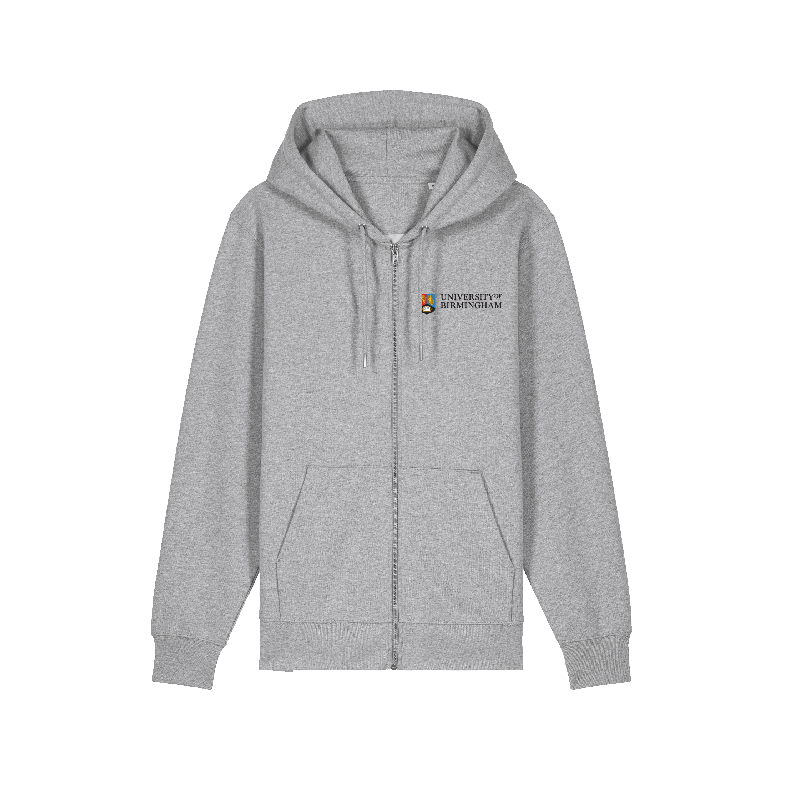 Gray hoodie with a logo on the chest against a white background