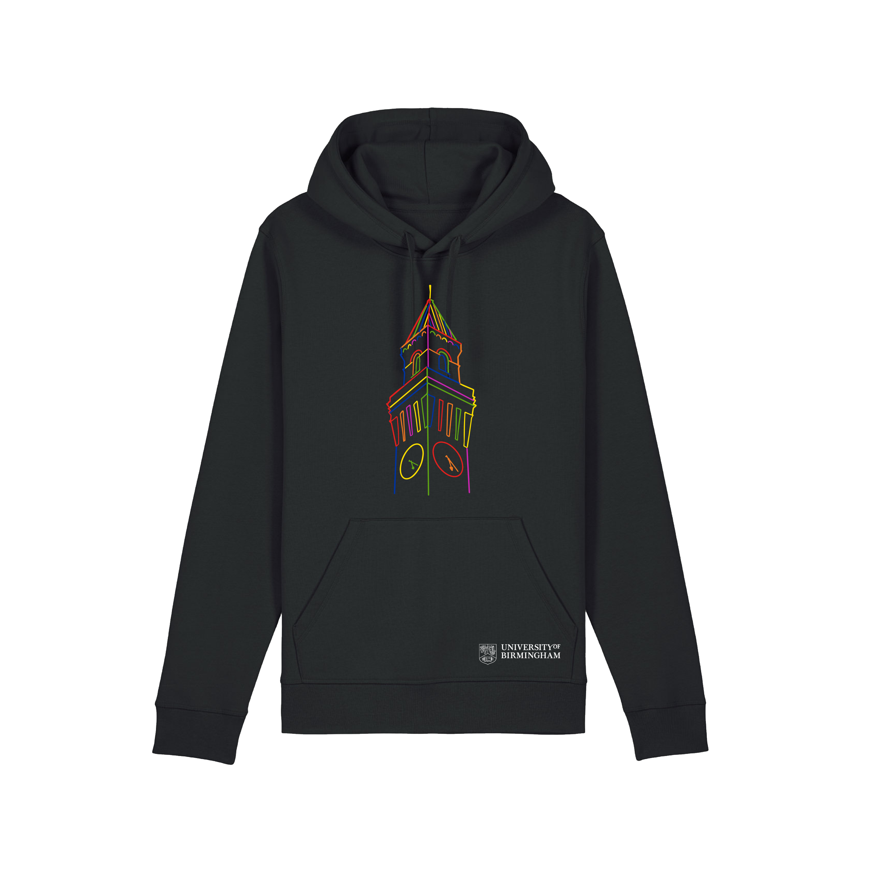 Black hoodie with Pride design and 'University of Birmingham' logo on a white background