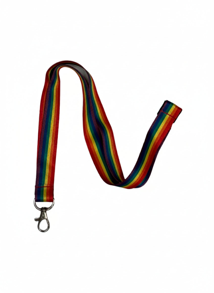 Pride lanyard with a metal clip on a white background