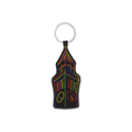 Metal keyring in the shape of the University of Birmingham Old Joe clock tower, with colourful illustration detail 