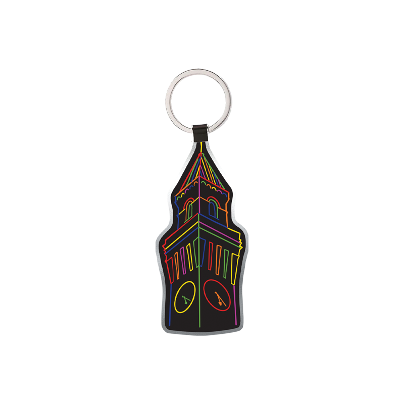 Metal keyring in the shape of the University of Birmingham Old Joe clock tower, with colourful illustration detail 