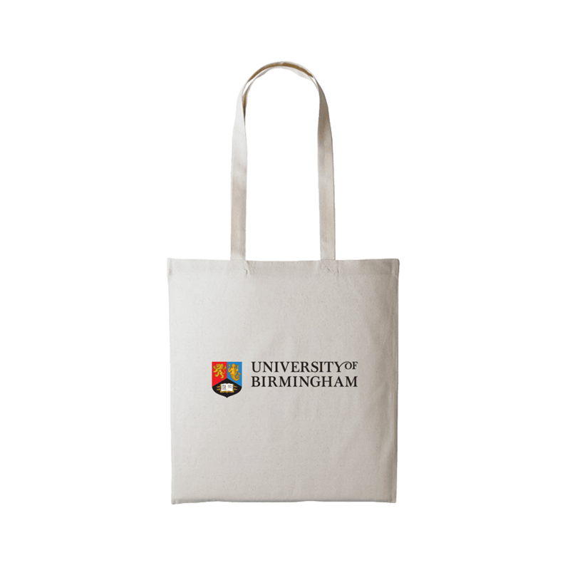 Beige tote bag with 'University of Birmingham' logo on a white background