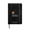 Black notebook with University of Birmingham logo and text on a white background