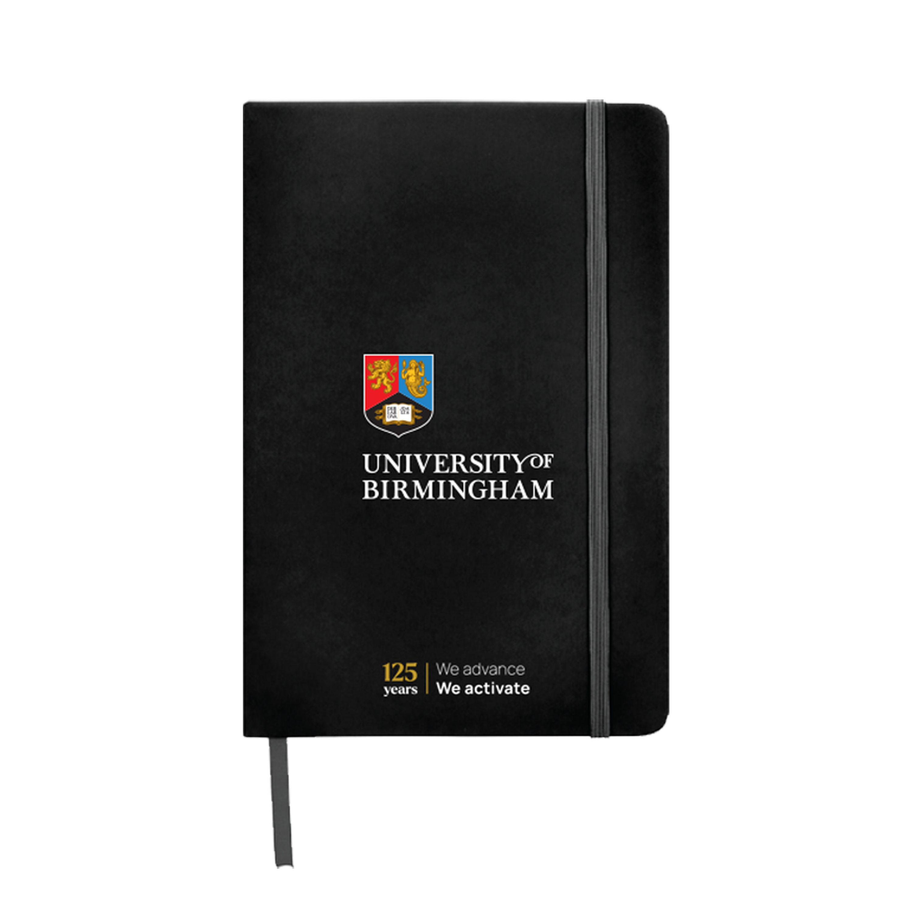 Black notebook with University of Birmingham logo and text on a white background