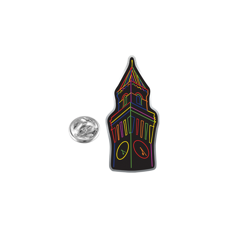 Metal pin badge in the shape of the University of Birmingham Old Joe clock tower, with colourful illustration detail 